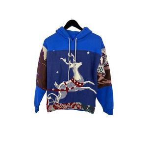 VTG Christmas Deer Reworked Hooded Sweatshirt Sz M